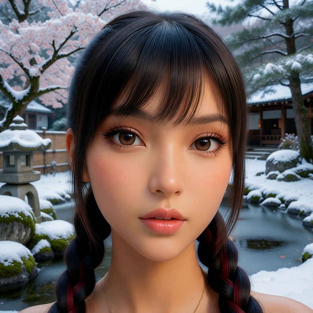 The character with braided hair in a snowy Japanese garden